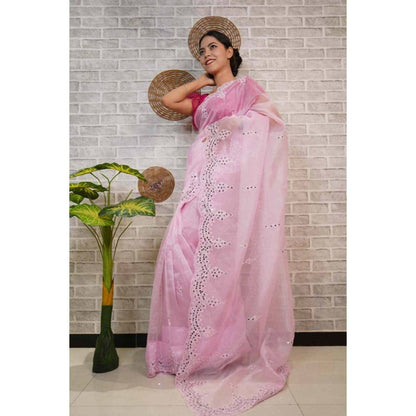 Isadora Life Womens Mirror Work Sequined Pink Pre-Draped Saree with Unstitched Blouse