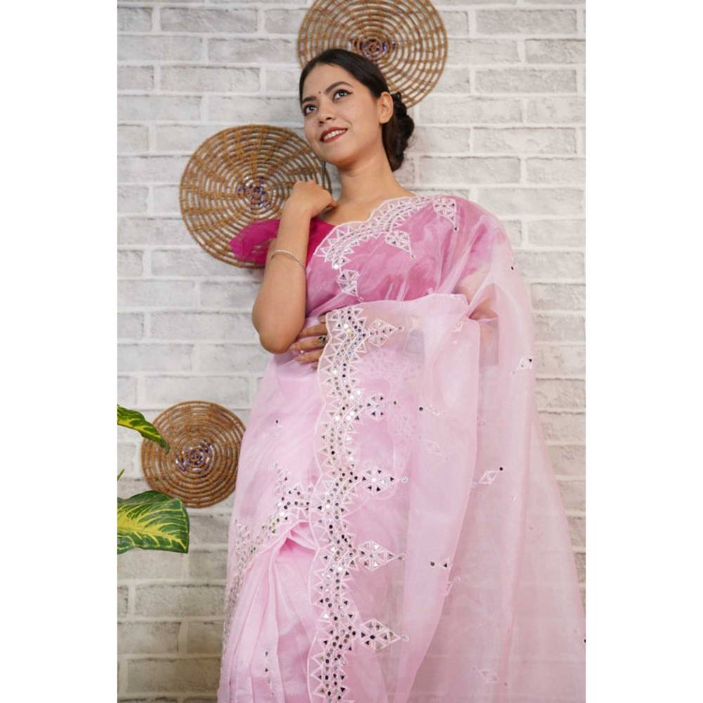 Isadora Life Womens Mirror Work Sequined Pink Pre-Draped Saree with Unstitched Blouse