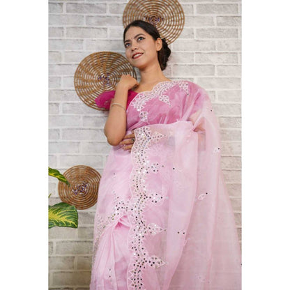 Isadora Life Womens Mirror Work Sequined Pink Pre-Draped Saree with Unstitched Blouse