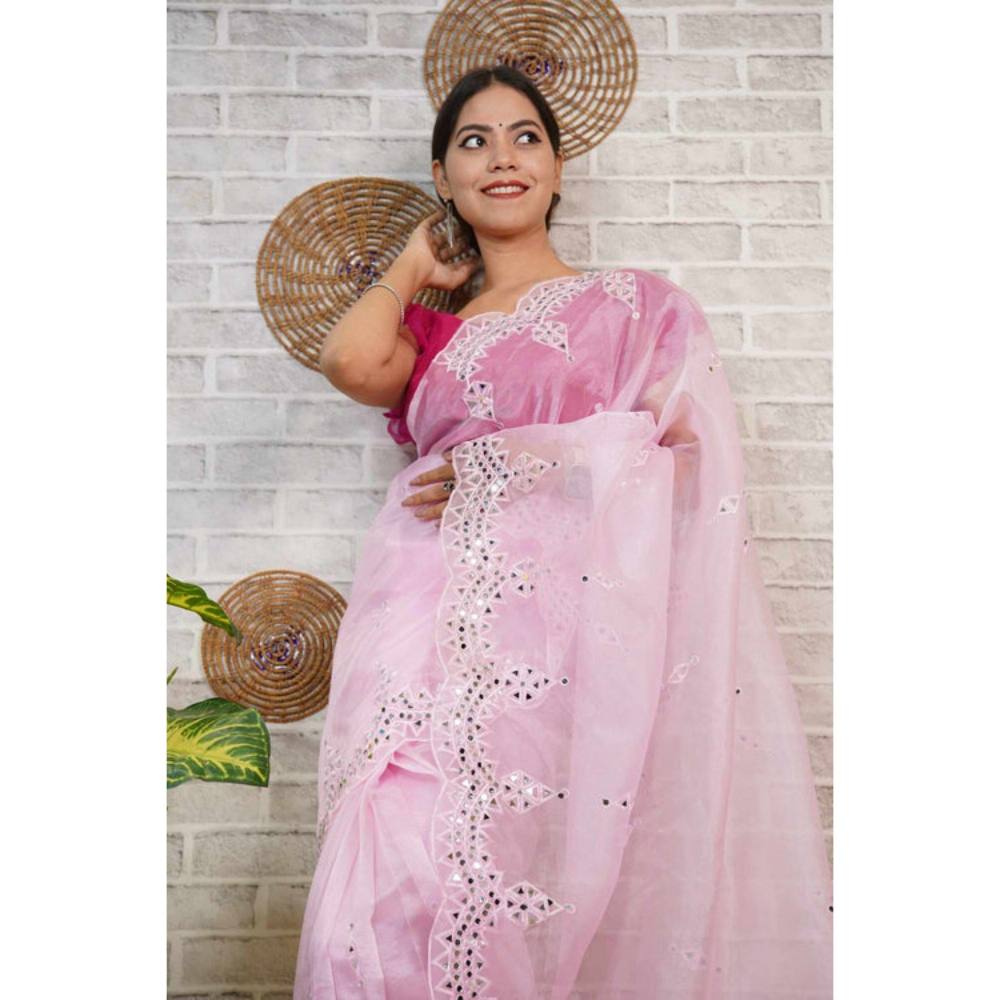 Isadora Life Womens Mirror Work Sequined Pink Pre-Draped Saree with Unstitched Blouse