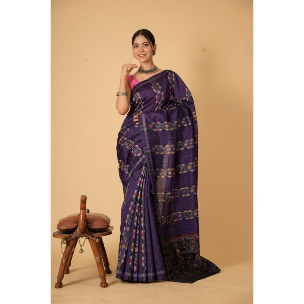 Isadora Life Womens Printed Purple Pre-Draped Saree with Unstitched Blouse