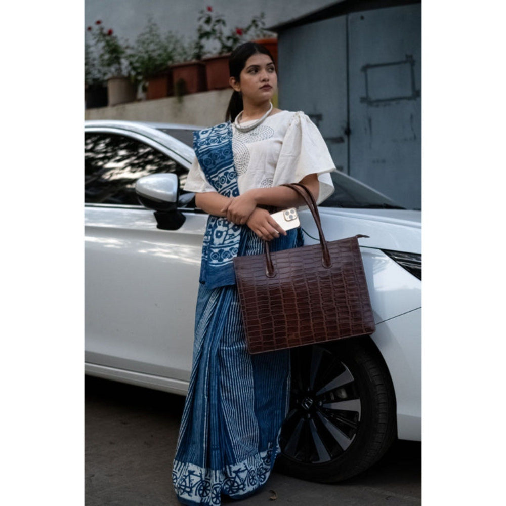 Isadora Life Womens Hand Block Printed Blue Pre-Draped Saree with Unstitched Blouse
