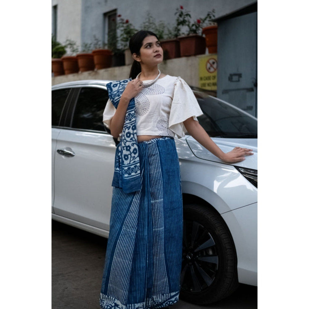 Isadora Life Womens Hand Block Printed Blue Pre-Draped Saree with Unstitched Blouse