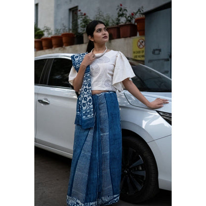 Isadora Life Womens Hand Block Printed Blue Pre-Draped Saree with Unstitched Blouse