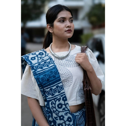 Isadora Life Womens Hand Block Printed Blue Pre-Draped Saree with Unstitched Blouse