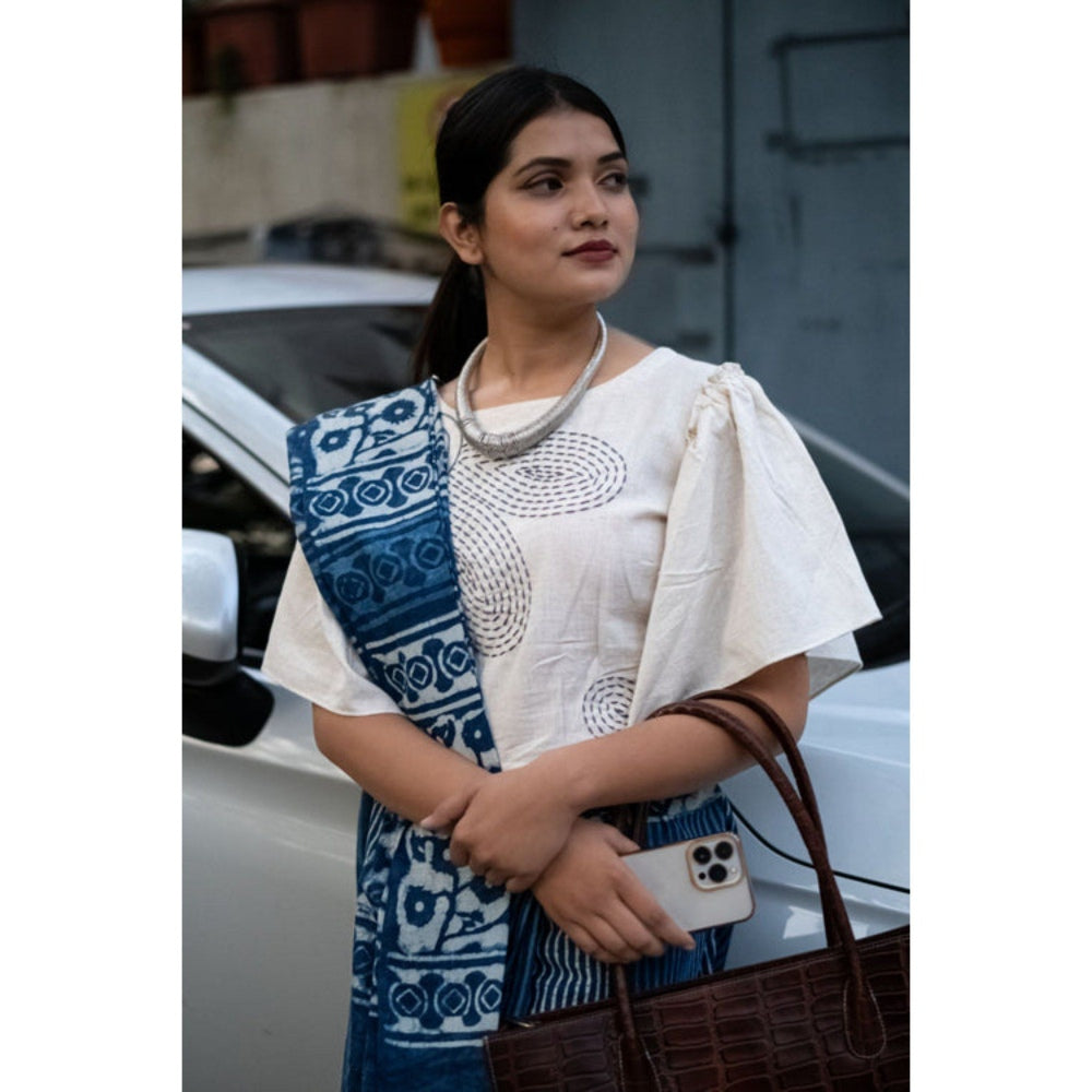 Isadora Life Womens Hand Block Printed Blue Pre-Draped Saree with Unstitched Blouse