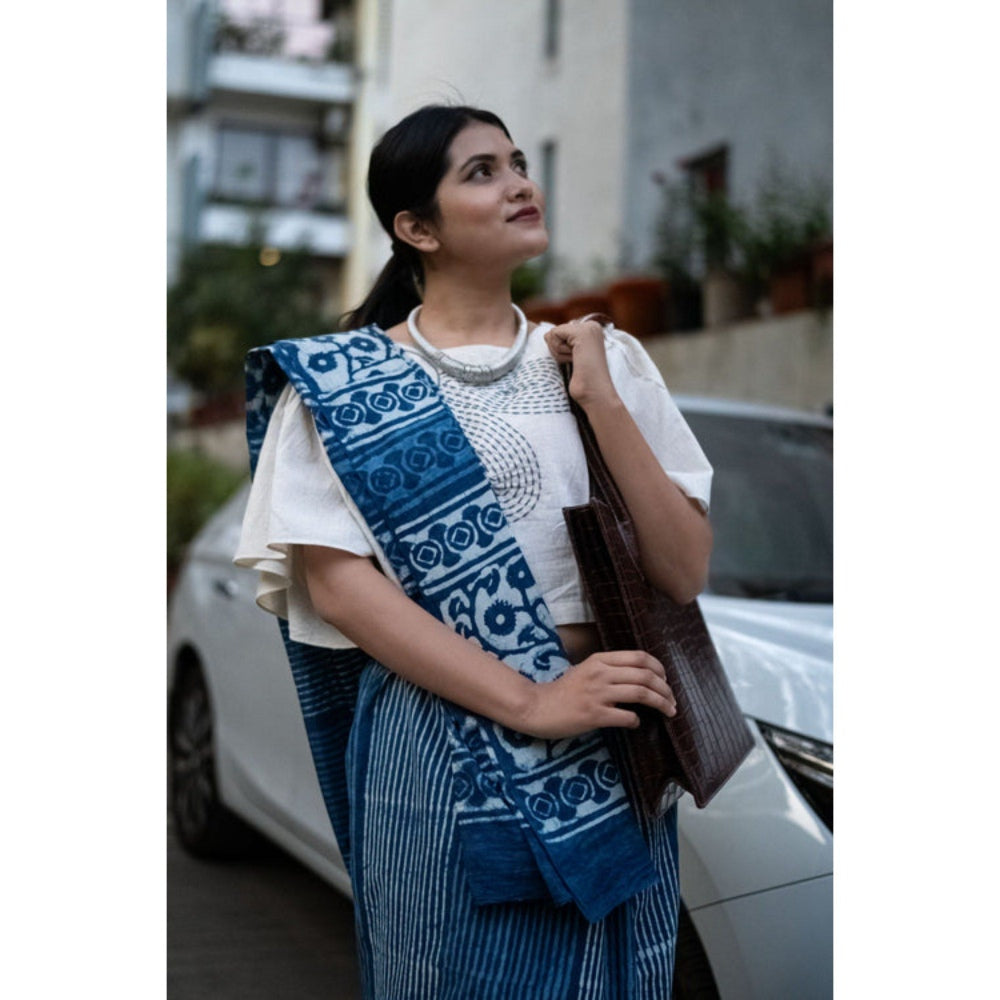 Isadora Life Womens Hand Block Printed Blue Pre-Draped Saree with Unstitched Blouse