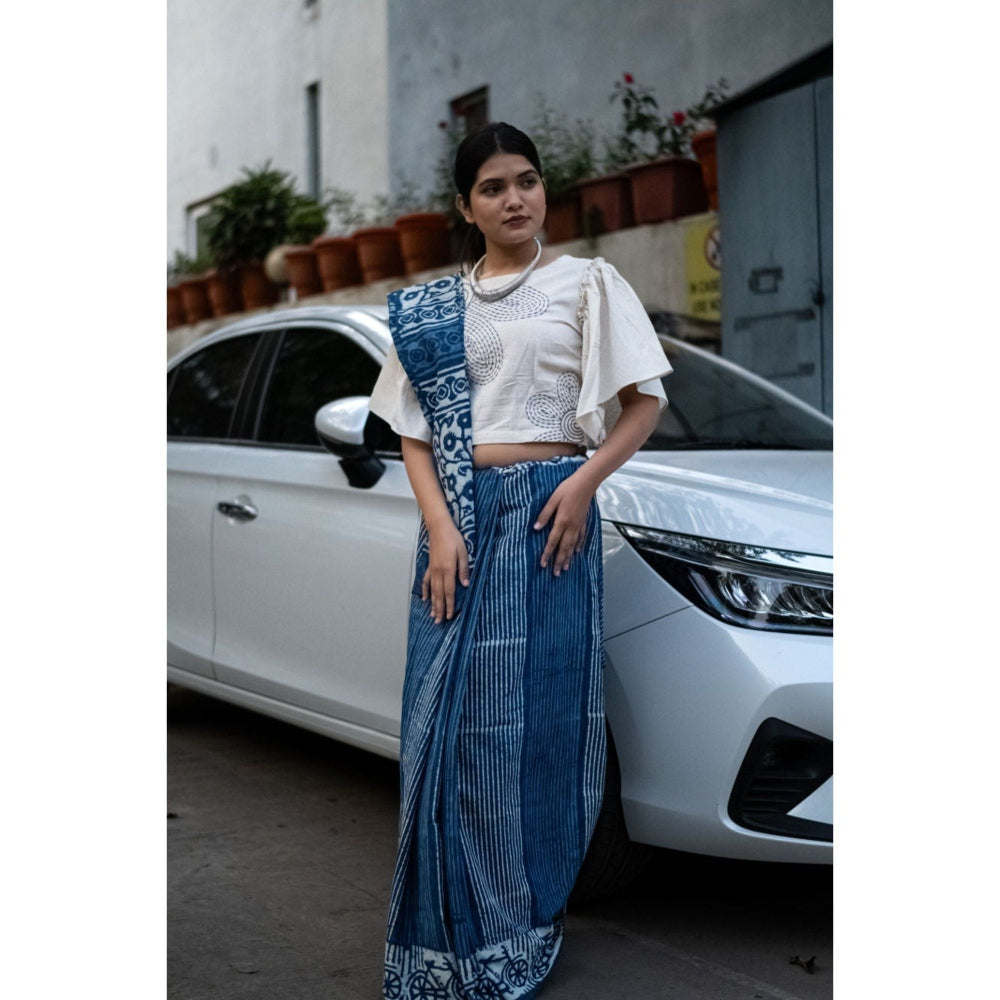 Isadora Life Womens Hand Block Printed Blue Pre-Draped Saree with Unstitched Blouse