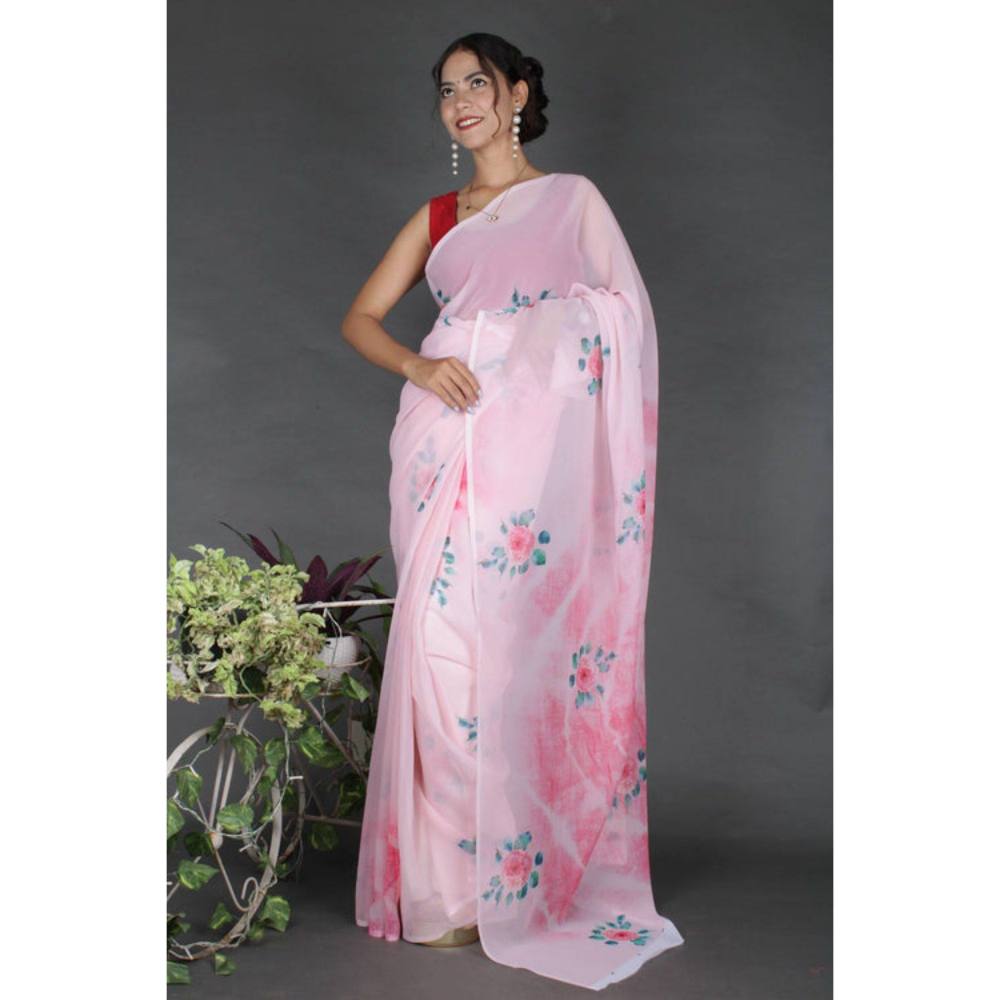 Isadora Life Womens Floral Printed Pink Pre-Draped Saree with Unstitched Blouse
