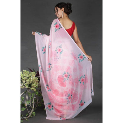 Isadora Life Womens Floral Printed Pink Pre-Draped Saree with Unstitched Blouse