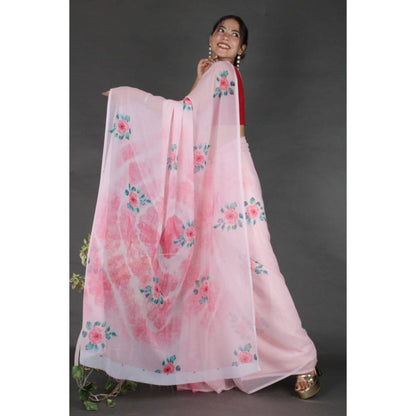 Isadora Life Womens Floral Printed Pink Pre-Draped Saree with Unstitched Blouse