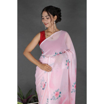 Isadora Life Womens Floral Printed Pink Pre-Draped Saree with Unstitched Blouse