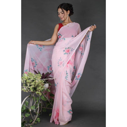 Isadora Life Womens Floral Printed Pink Pre-Draped Saree with Unstitched Blouse