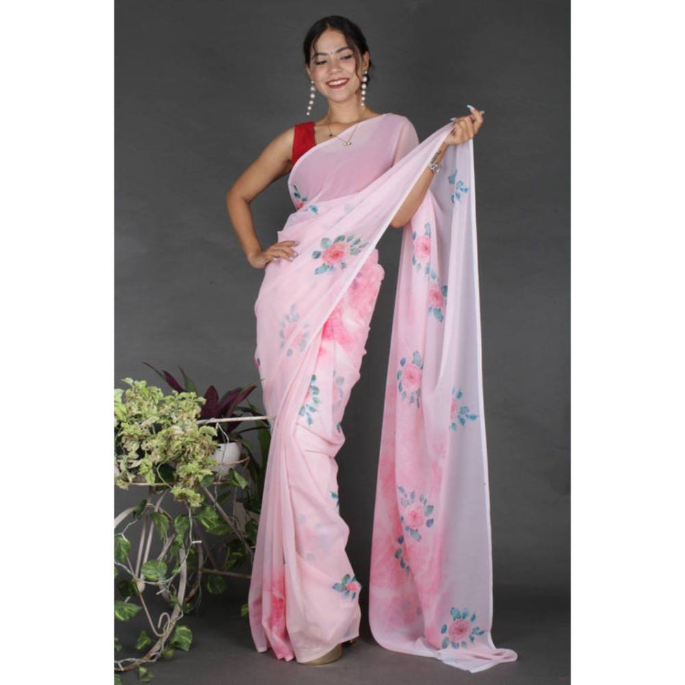 Isadora Life Womens Floral Printed Pink Pre-Draped Saree with Unstitched Blouse
