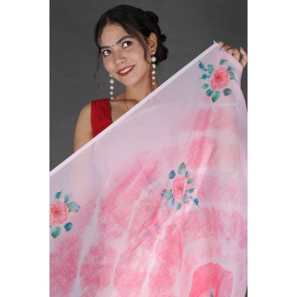 Isadora Life Womens Floral Printed Pink Pre-Draped Saree with Unstitched Blouse
