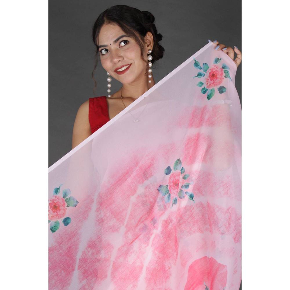 Isadora Life Womens Floral Printed Pink Pre-Draped Saree with Unstitched Blouse