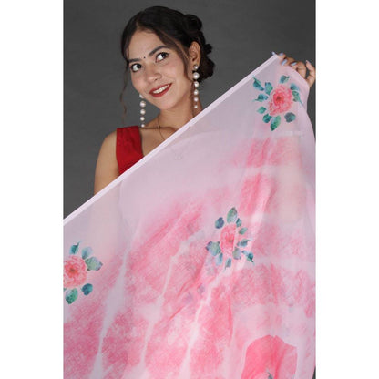 Isadora Life Womens Floral Printed Pink Pre-Draped Saree with Unstitched Blouse