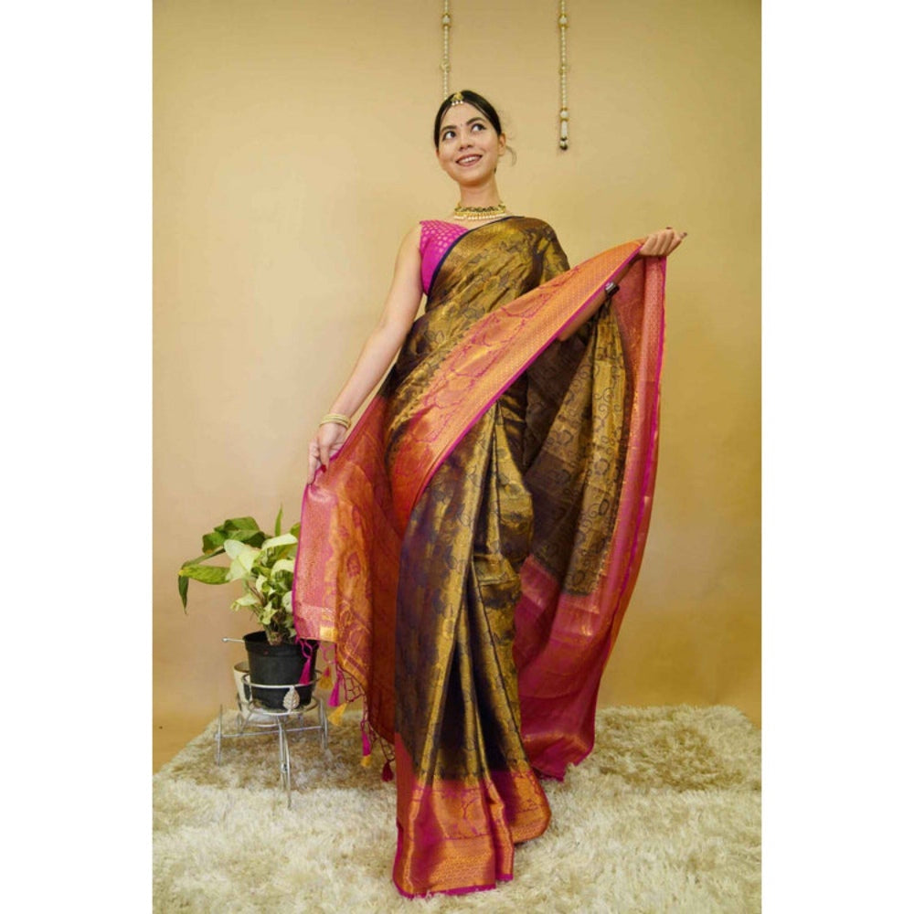 Isadora Life Womens Woven Zari Green Pre-Draped Saree with Unstitched Blouse