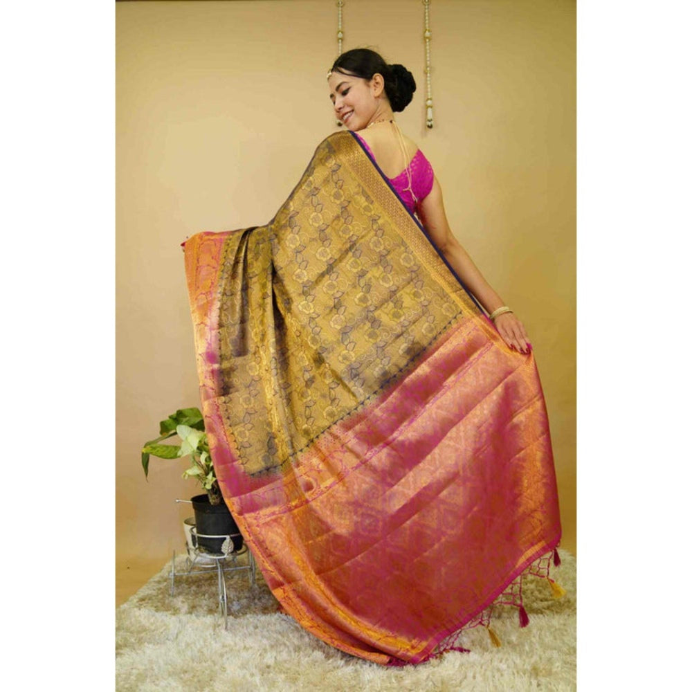 Isadora Life Womens Woven Zari Green Pre-Draped Saree with Unstitched Blouse
