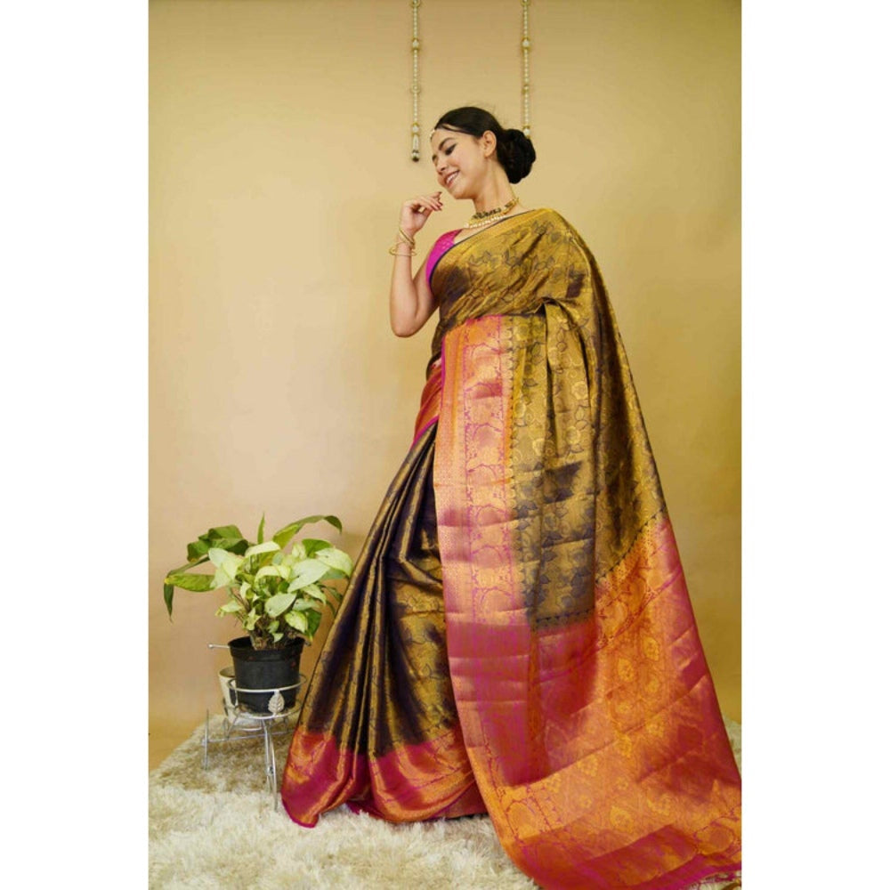 Isadora Life Womens Woven Zari Green Pre-Draped Saree with Unstitched Blouse