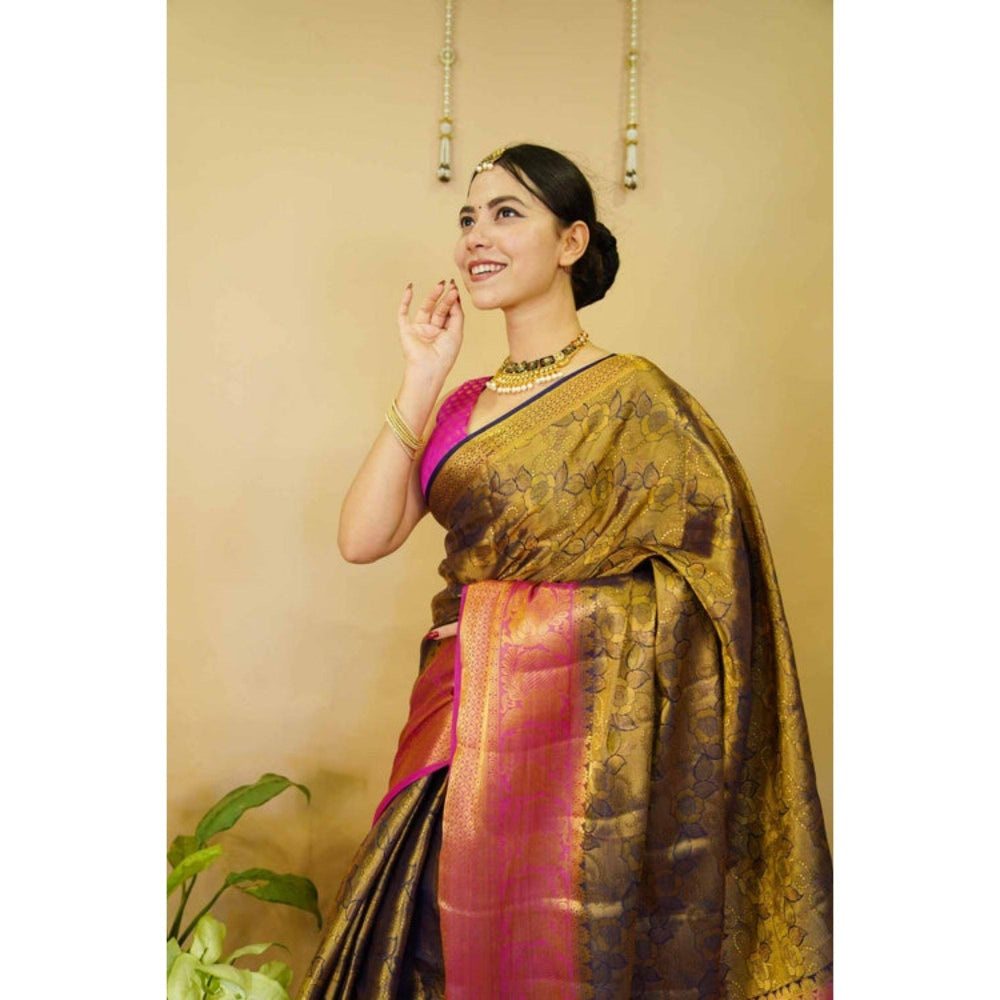 Isadora Life Womens Woven Zari Green Pre-Draped Saree with Unstitched Blouse