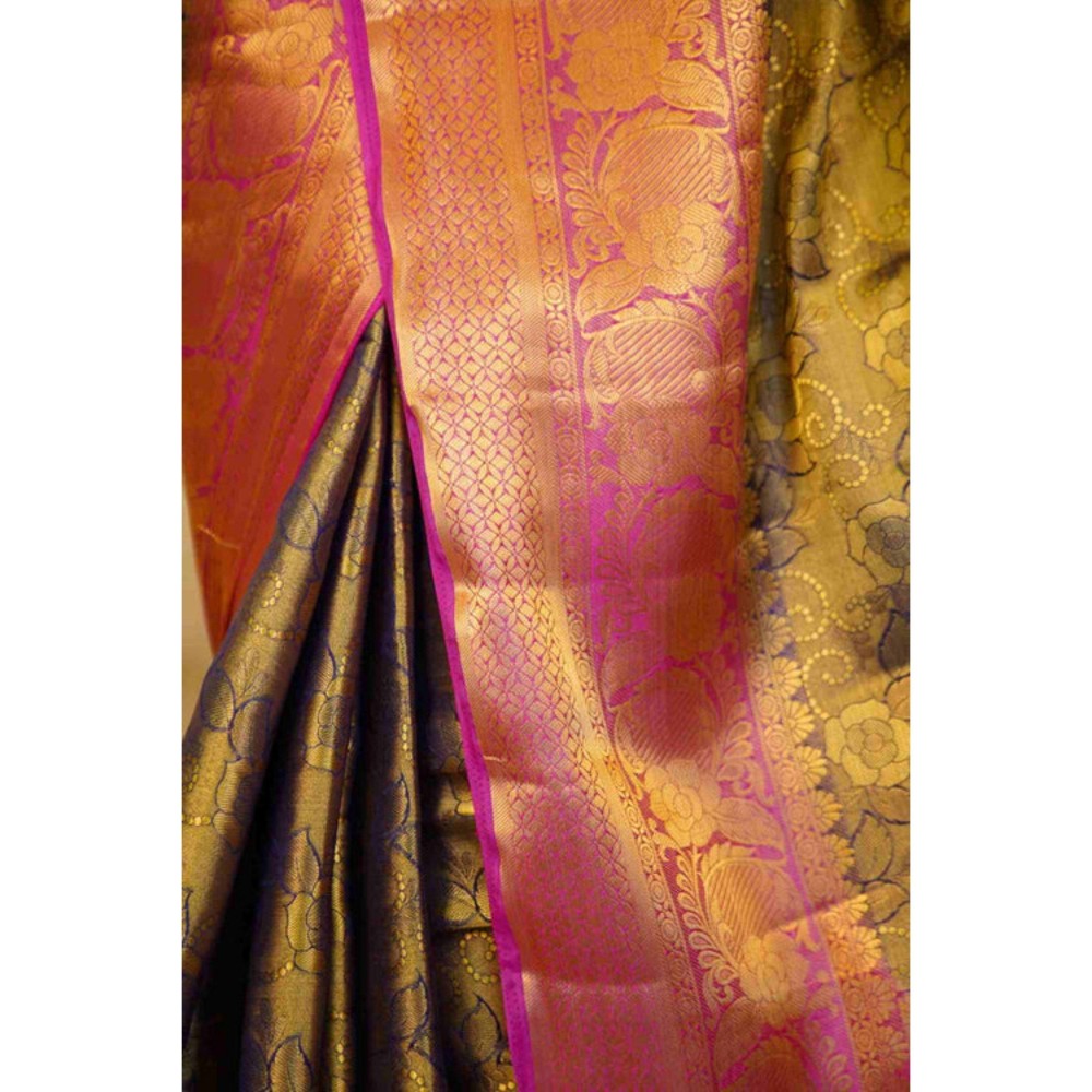 Isadora Life Womens Woven Zari Green Pre-Draped Saree with Unstitched Blouse