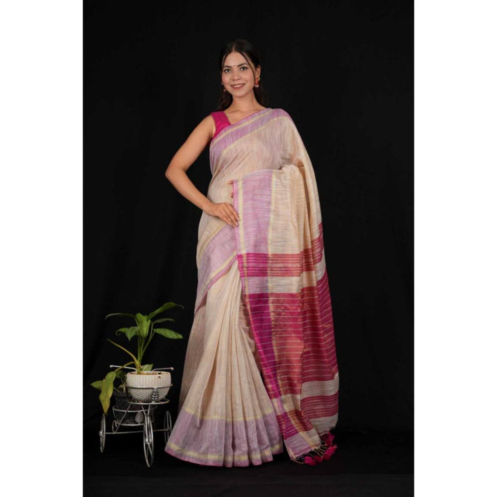 Isadora Life Womens Woven Tassels Beige Pre-Draped Saree with Unstitched Blouse