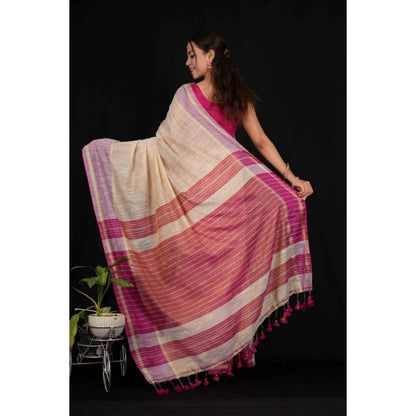 Isadora Life Womens Woven Tassels Beige Pre-Draped Saree with Unstitched Blouse