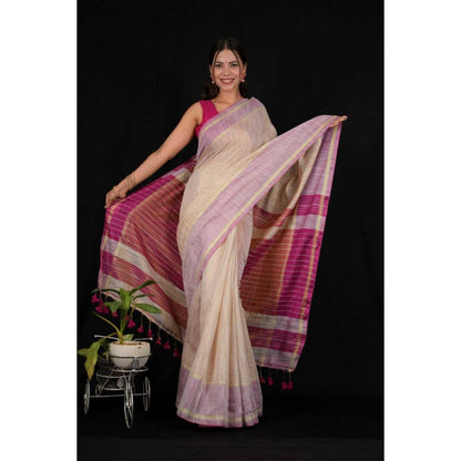 Isadora Life Womens Woven Tassels Beige Pre-Draped Saree with Unstitched Blouse