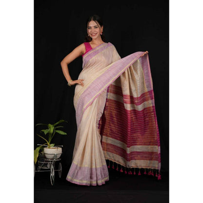 Isadora Life Womens Woven Tassels Beige Pre-Draped Saree with Unstitched Blouse