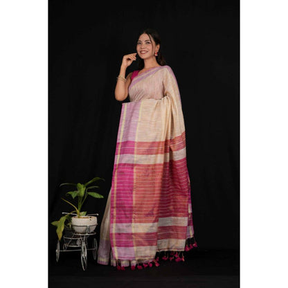 Isadora Life Womens Woven Tassels Beige Pre-Draped Saree with Unstitched Blouse