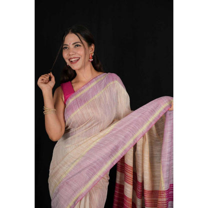 Isadora Life Womens Woven Tassels Beige Pre-Draped Saree with Unstitched Blouse