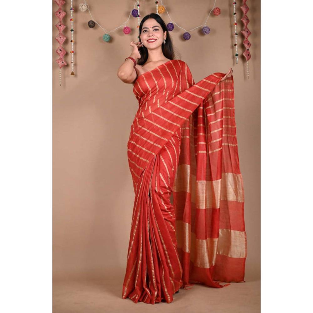 Isadora Life Womens Striped Zari Red Pre-Draped Saree with Unstitched Blouse