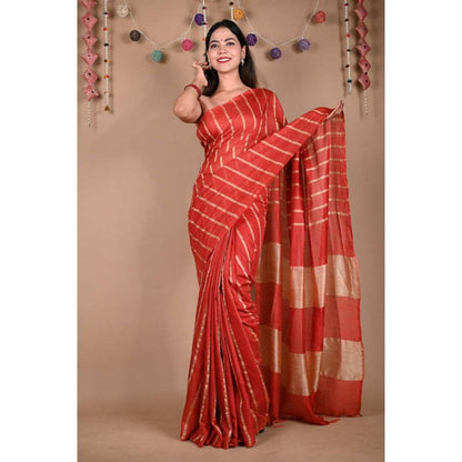 Isadora Life Womens Striped Zari Red Pre-Draped Saree with Unstitched Blouse