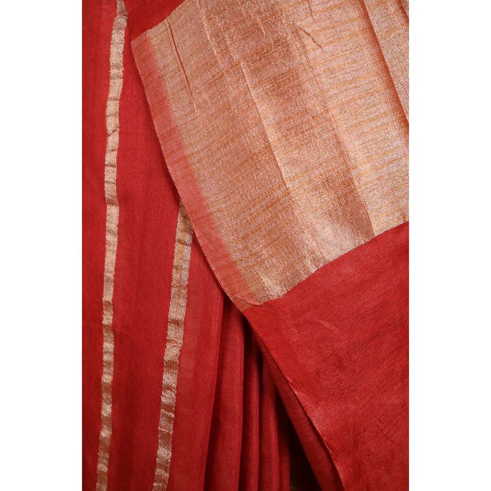 Isadora Life Womens Striped Zari Red Pre-Draped Saree with Unstitched Blouse