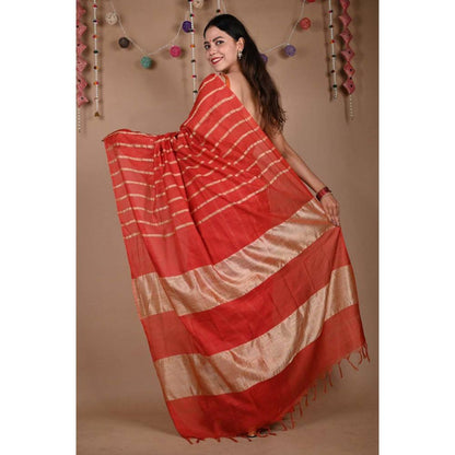 Isadora Life Womens Striped Zari Red Pre-Draped Saree with Unstitched Blouse