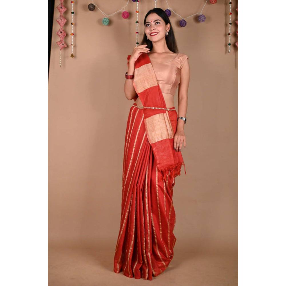 Isadora Life Womens Striped Zari Red Pre-Draped Saree with Unstitched Blouse