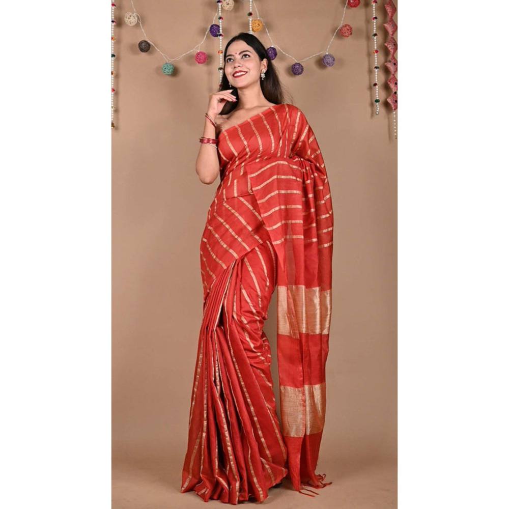 Isadora Life Womens Striped Zari Red Pre-Draped Saree with Unstitched Blouse