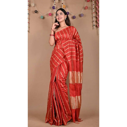 Isadora Life Womens Striped Zari Red Pre-Draped Saree with Unstitched Blouse