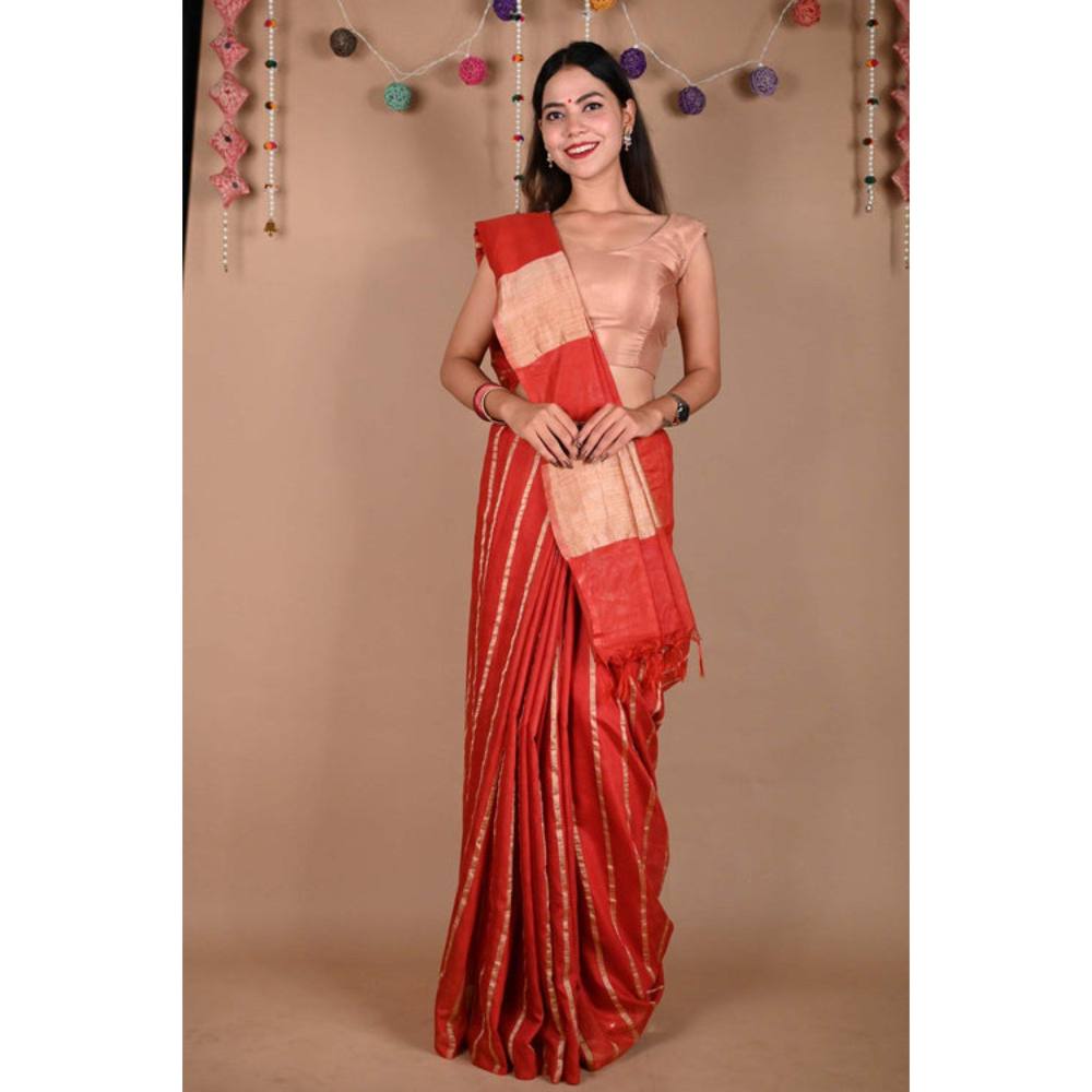Isadora Life Womens Striped Zari Red Pre-Draped Saree with Unstitched Blouse
