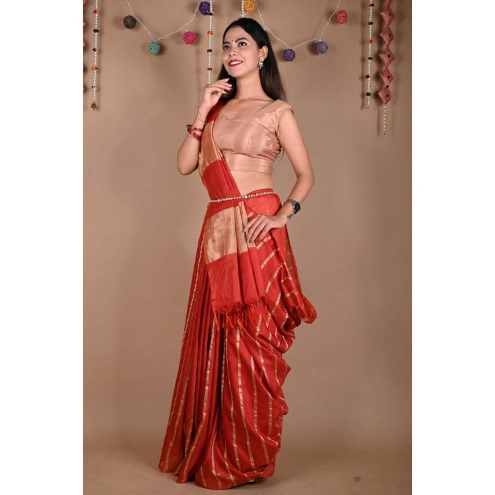 Isadora Life Womens Striped Zari Red Pre-Draped Saree with Unstitched Blouse