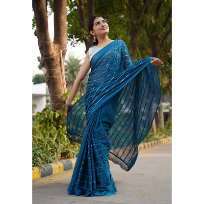 Isadora Life Womens Mirror Work Sequined Teal Pre-Draped Saree with Unstitched Blouse