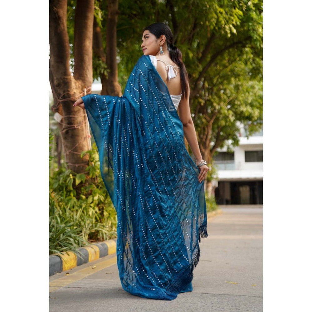Isadora Life Womens Mirror Work Sequined Teal Pre-Draped Saree with Unstitched Blouse