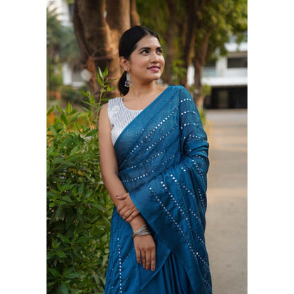 Isadora Life Womens Mirror Work Sequined Teal Pre-Draped Saree with Unstitched Blouse
