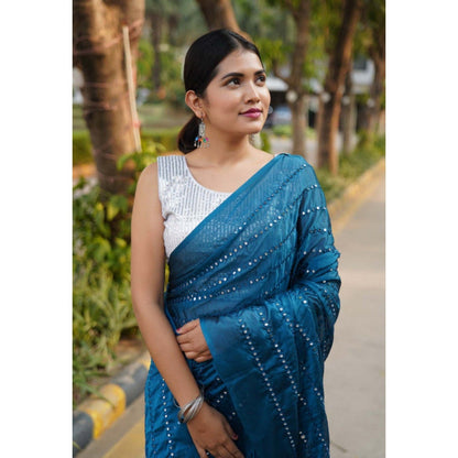Isadora Life Womens Mirror Work Sequined Teal Pre-Draped Saree with Unstitched Blouse