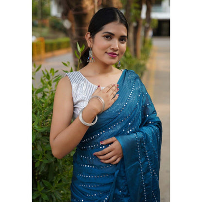 Isadora Life Womens Mirror Work Sequined Teal Pre-Draped Saree with Unstitched Blouse