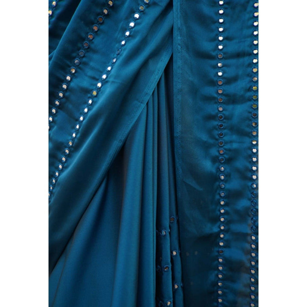 Isadora Life Womens Mirror Work Sequined Teal Pre-Draped Saree with Unstitched Blouse