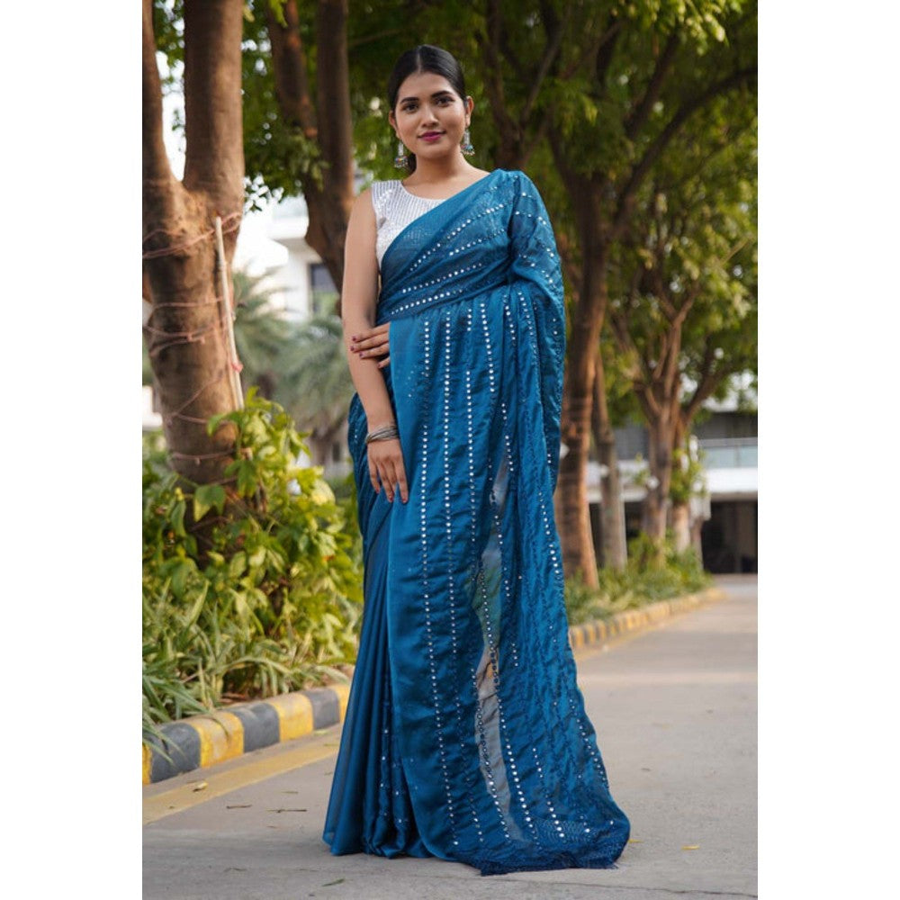 Isadora Life Womens Mirror Work Sequined Teal Pre-Draped Saree with Unstitched Blouse