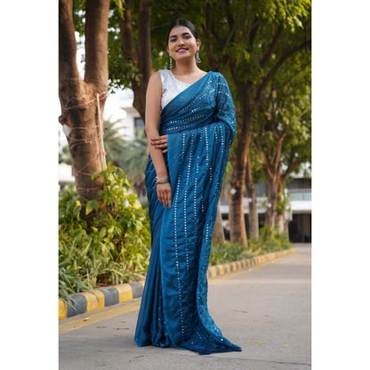 Isadora Life Womens Mirror Work Sequined Teal Pre-Draped Saree with Unstitched Blouse
