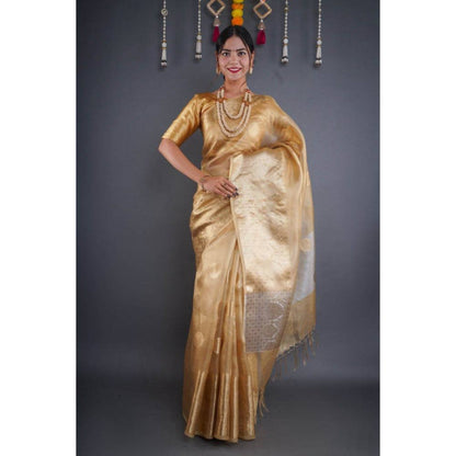 Isadora Life Womens Woven Zari Gold Pre-Draped Saree with Unstitched Blouse